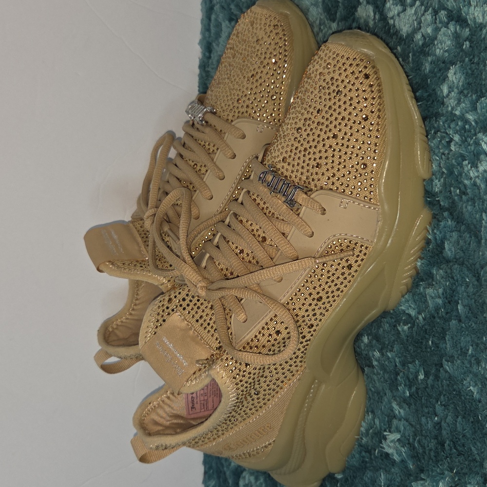 Beige Rhinestone Mesh Platform Sneakers - Women's